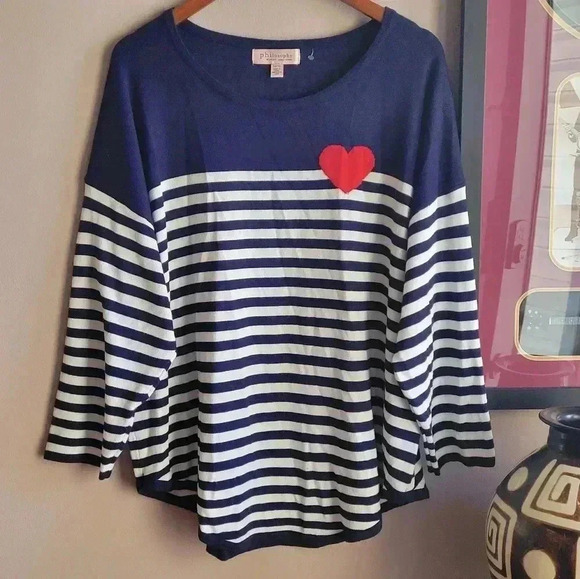 Philosophy Sweaters - Philosophy Women's Sweater Striped Heart Detail Navy Blue/White Size 1X